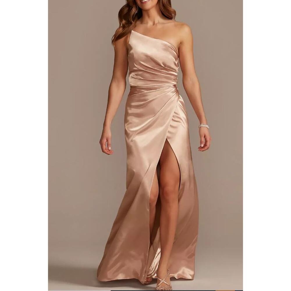 Galina Signature Charmeuse Draped One-Shoulder Dress in Sand 4 Bridesmaid Ball